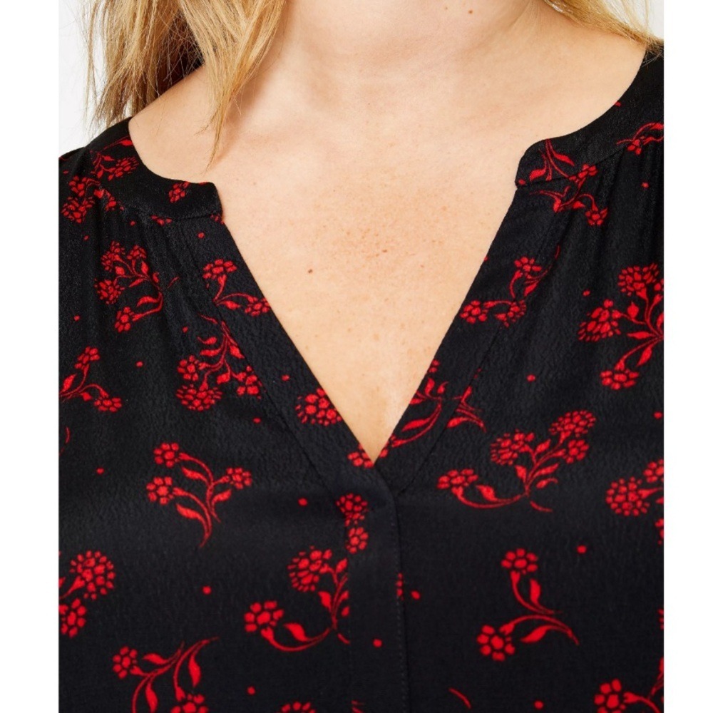 Ann Taylor LOFT | Garden Split Neck Swing Dress Floral Red Black Tiered Babydoll - Picture 7 of 11